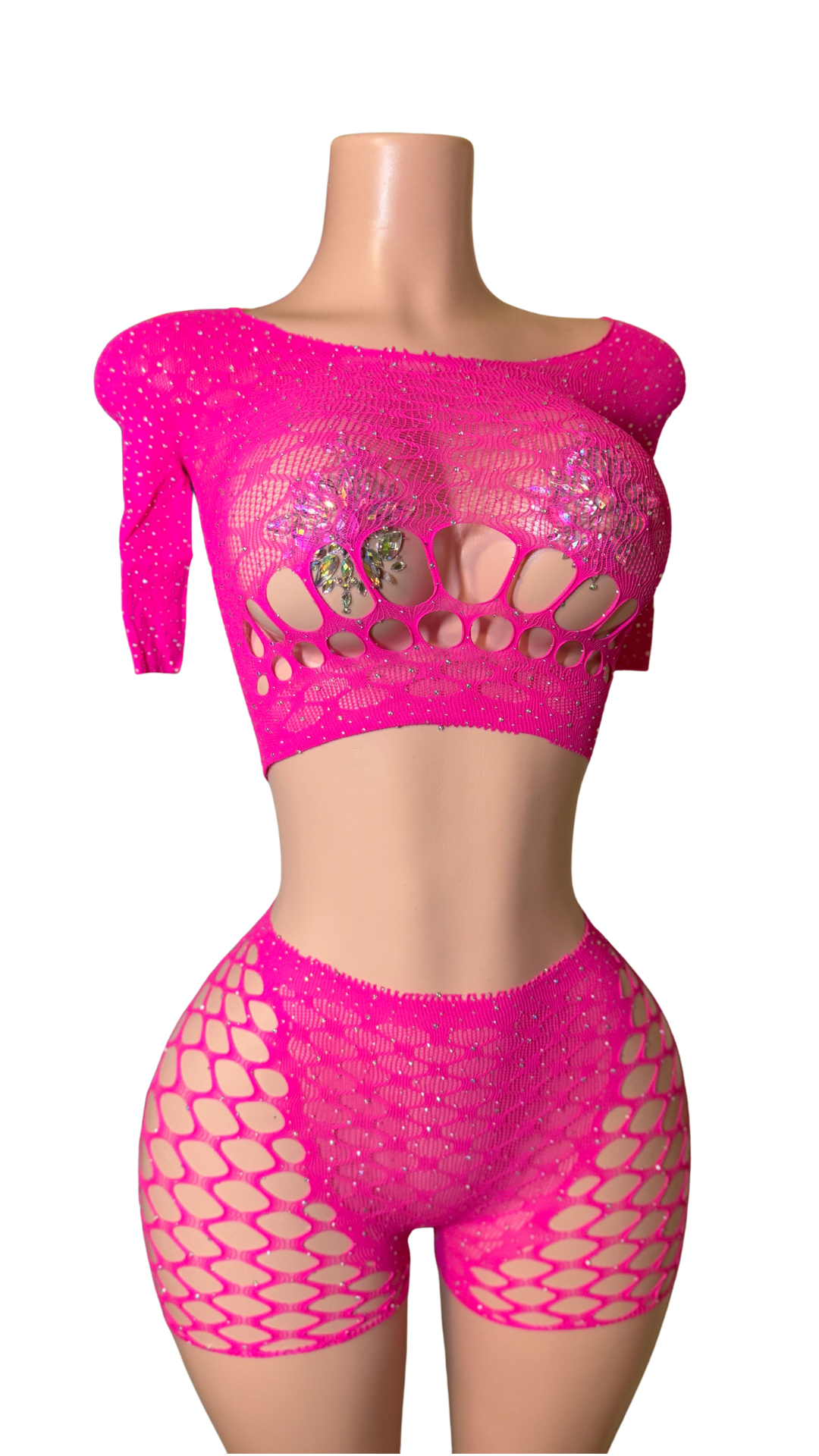 Pink Luxe Cutout Fishnet Sparkle Set | Two-Piece Clubwear Ensemble