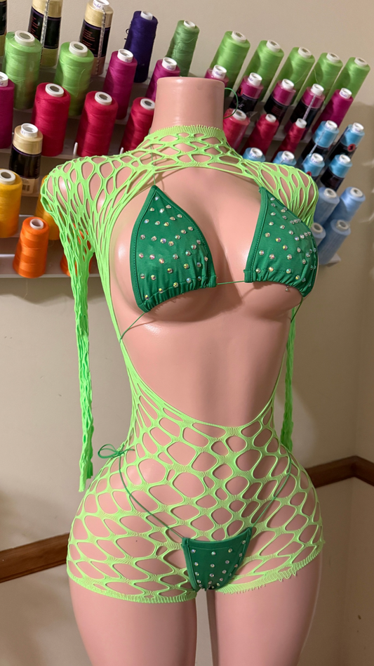 2-Piece Rhinestone Fishnet Clubwear Set – Cutout Mesh Romper with Crystal Bikini for Exotic Dance & Festival Looks
