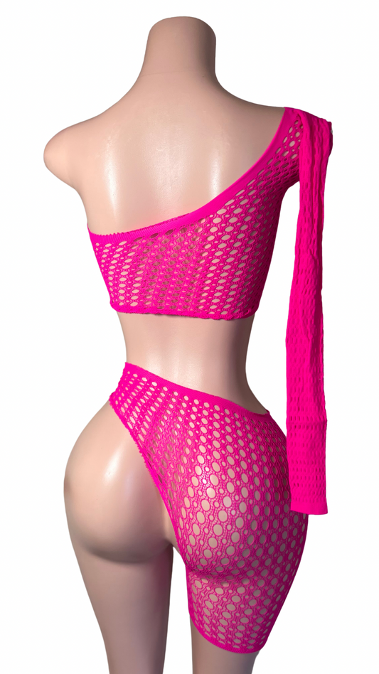 Pink Honeycomb Mesh Crop One-Leg Shorts Set Mercy Exotic Dancewear Set