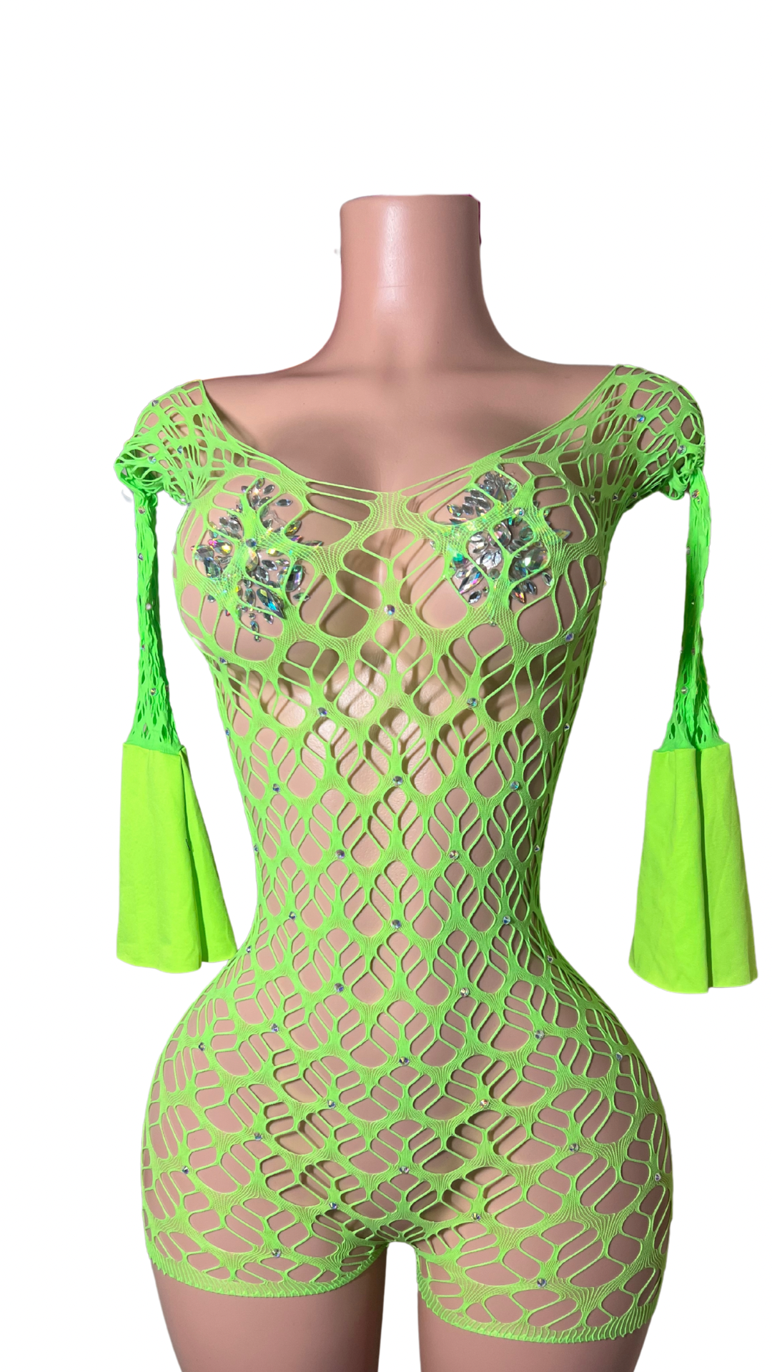 VIP Vixen Fishnet Romper – Luxe Crystal Mesh Illusion One-Piece