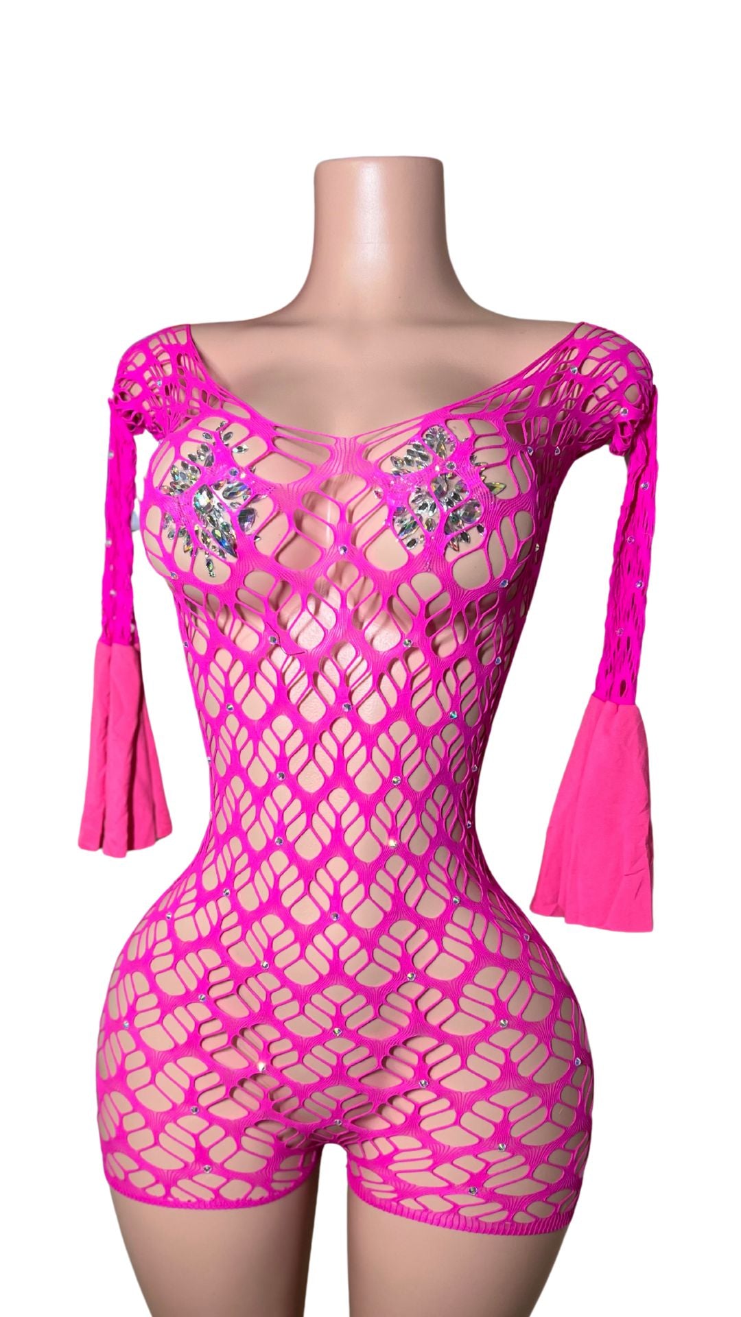 VIP Vixen Fishnet Romper – Luxe Crystal Mesh Illusion One-Piece