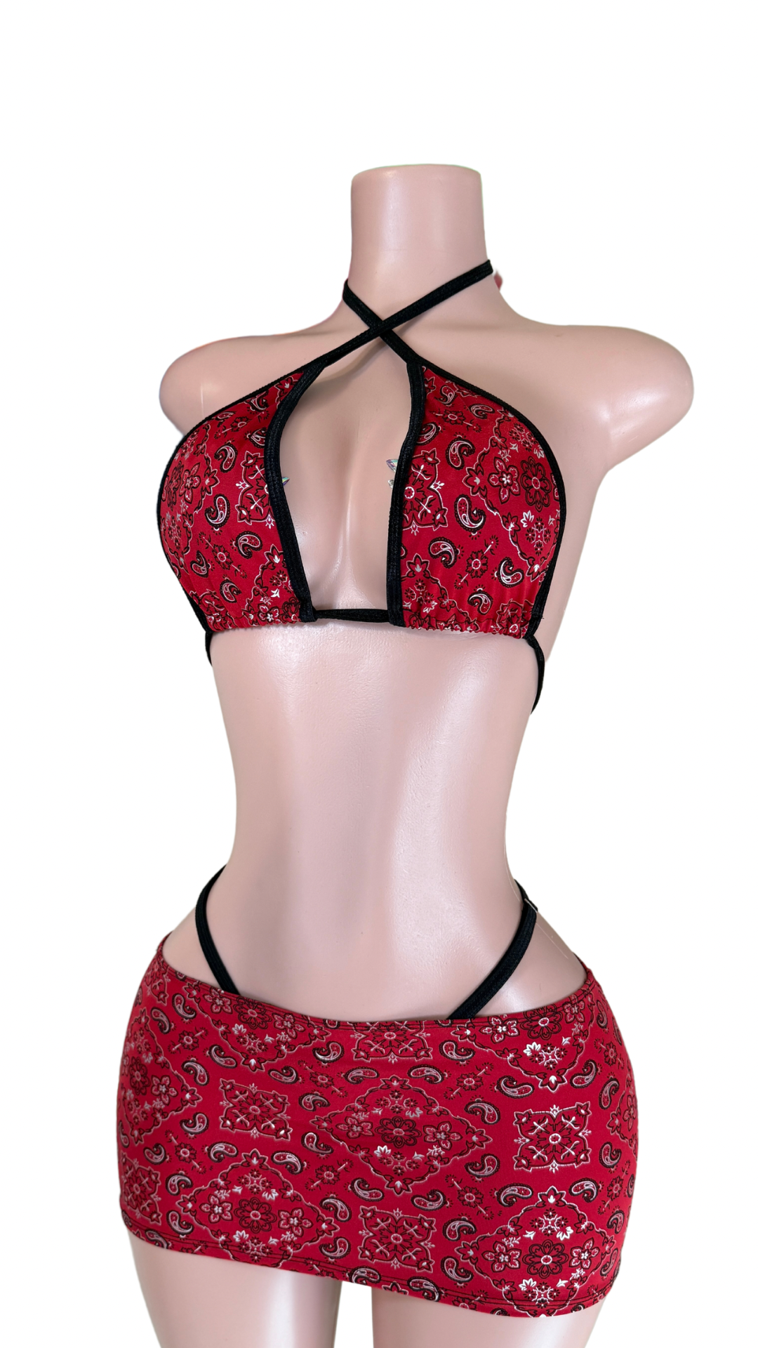 Mannequin wearing red paisley bandana lingerie set with halter top and mini skirt