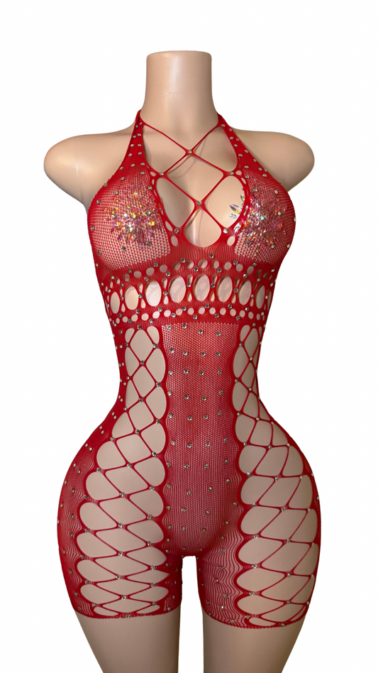 Luxe Siren Cutout Romper – Fishnet Crystal One-Piece