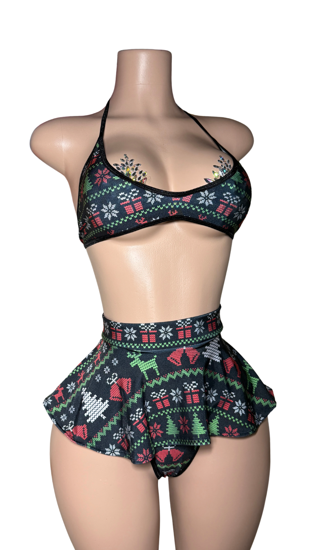 Holiday-themed skirted micro dancewear set with matching print micro top and thong — handmade Naughty List collection piece by Taylr19.