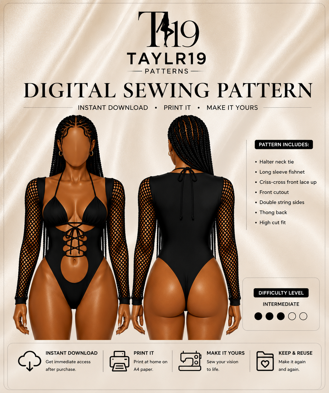 Lace-Up Cutout Bodysuit Sewing Pattern – Exotic Dancewear Bottle Girl PDF Pattern – Beginner Friendly