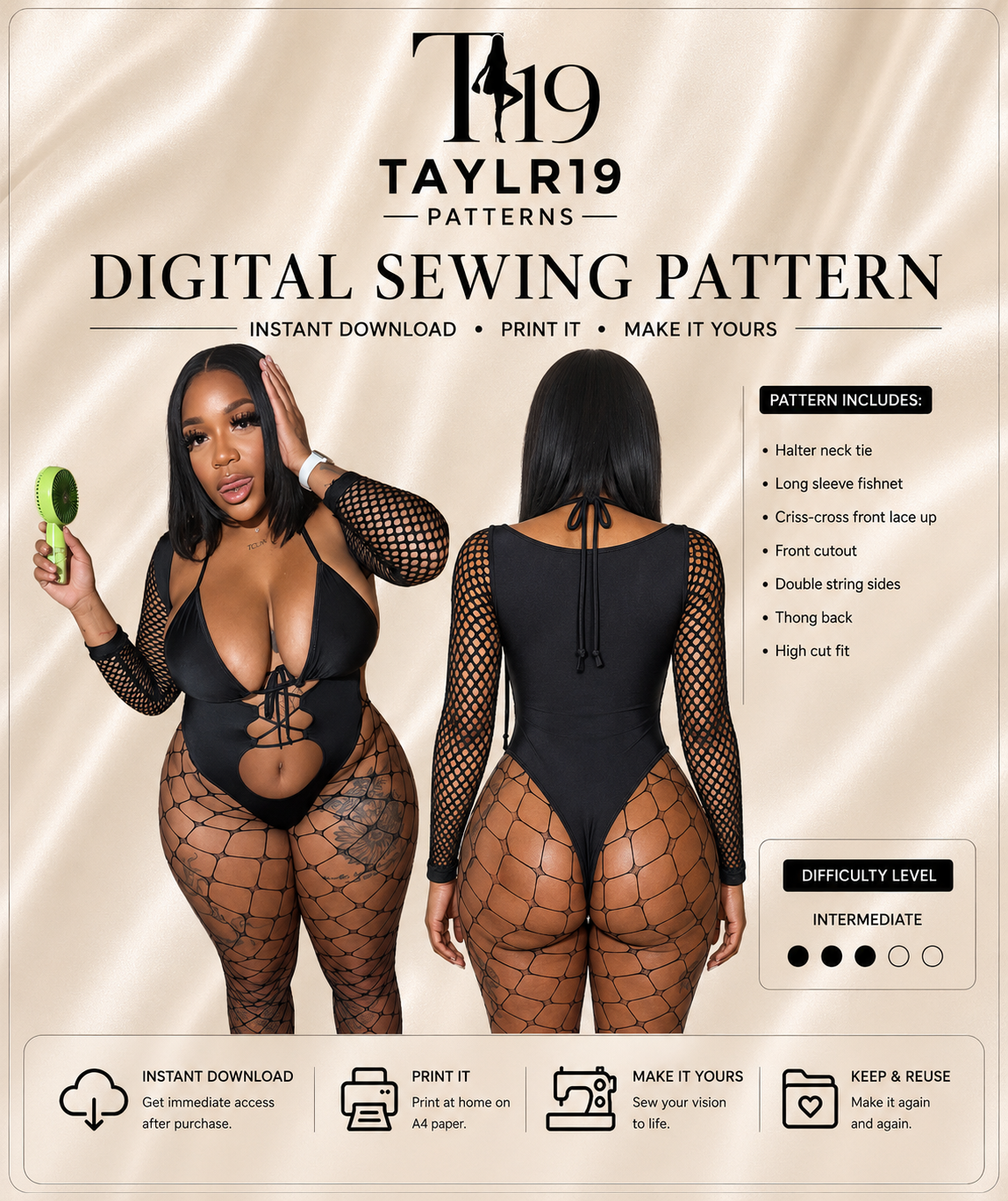 Lace-Up Cutout Bodysuit Sewing Pattern – Exotic Dancewear Bottle Girl PDF Pattern – Beginner Friendly